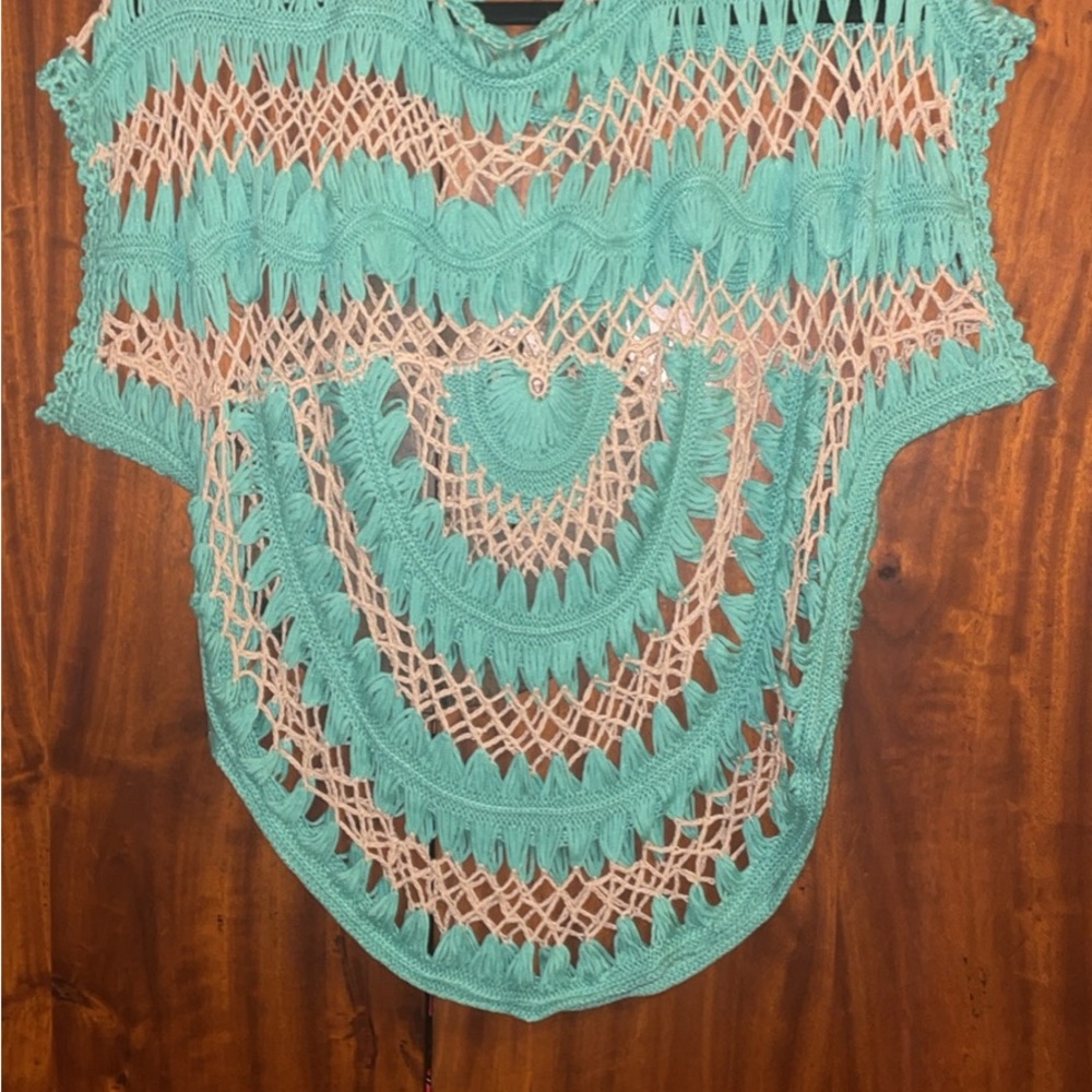 Vintage Handmade Crochet/Macrame Unisex Sweater Top - Aqua and Beige - M - Boho